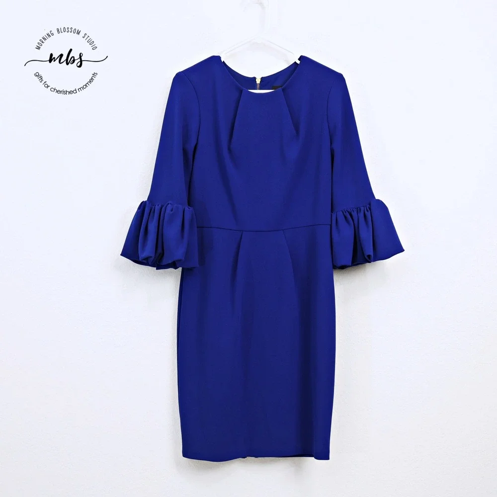 Betsy & Adam Bell Sleeve Sheath Elegant Lined Cocktail Sheath Dress Blue Women 8